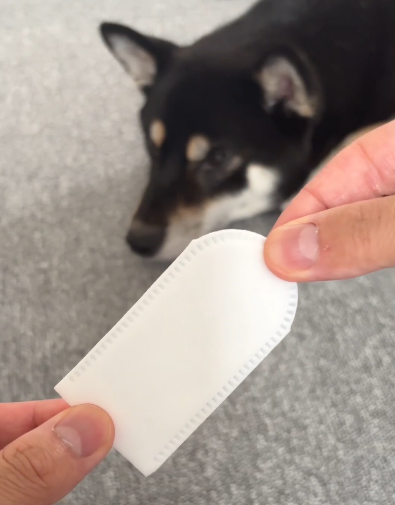 指にはめる前の白い歯みがきシート
